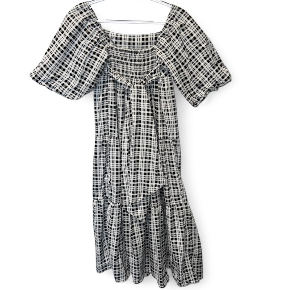Faithfull the Brand Black White Plaid Cotton Puff Sleeve Tiered Maxi Dress S - Picture 4 of 11